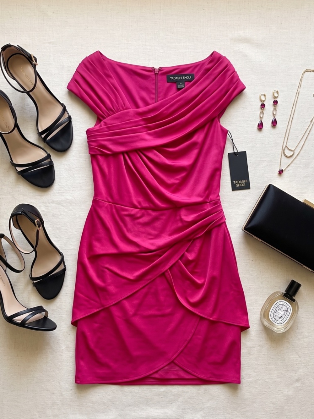Tadashi Shoji Silk Ruched One Shoulder Drape Cocktail Dress Magenta Pink 14 NWT